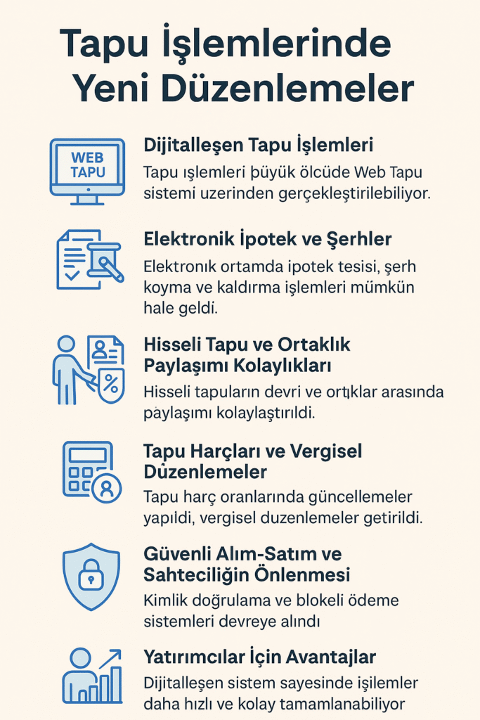 "Tapu İşlemlerinde Yeni Düzenlemeler Infografik – Web Tapu, Elektronik İpotek, Yatırım Avantajları ve Güvenlik Adımları"