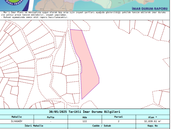 Yalova Çiftlikköy İlyasköy'de satılık 32 dönüm müstakil arsa, asfalt yol cepheli